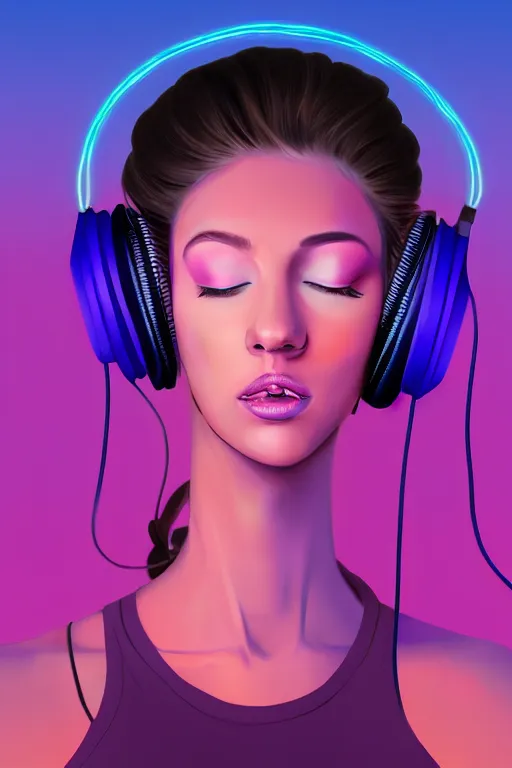 Prompt: a award winning half body portrait of a beautiful woman with stunning eyes in a croptop and cargo pants with ombre purple pink teal hairstyle listenin to music with headphones on her ears by thomas danthony, surrounded by whirling illuminated lines, outrun, vaporware, shaded flat illustration, digital art, trending on artstation, highly detailed, fine detail, intricate