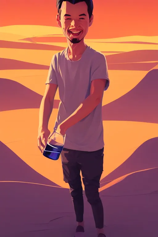 Prompt: funny drinker with bottle in his hand in the desert, smooth face, centered median photoshop filter cutout vector behance hd by artgerm, jesper ejsing, by rhads, makoto shinkai and lois van baarle, ilya kuvshinov, rossdraws, illustration, art by ilya kuvshinov and gustav klimt