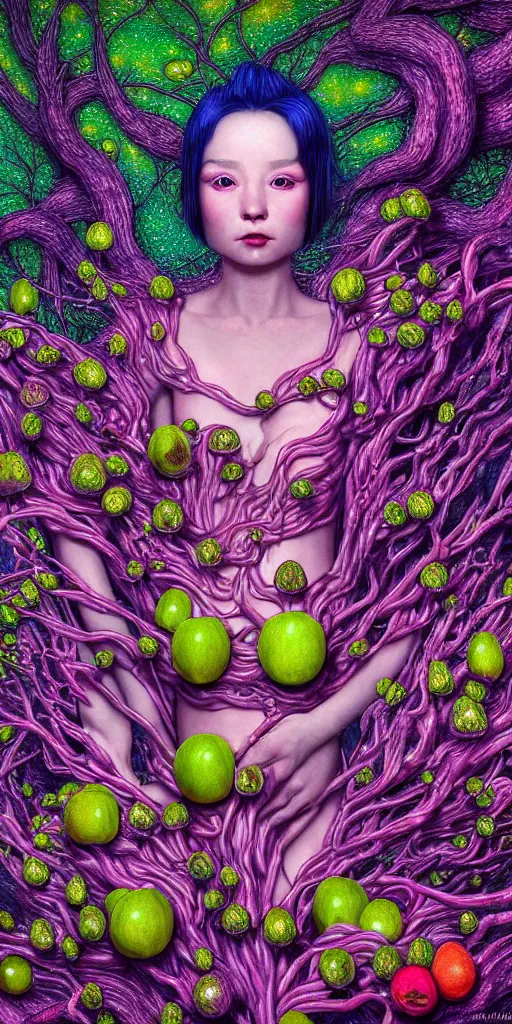 Prompt: hyper detailed 3d render like a Oil painting - kawaii Aurora (Singer) Eats of the juicy Strangling Fruit and Her gossamer polyp blossoms bring iridescent fungal flowers whose spores black the foolish stars by Jacek Yerka, Mariusz Lewandowski, Houdini algorithmic generative render, Abstract brush strokes, Masterpiece, Edward Hopper and James Gilleard, Zdzislaw Beksinski, Mark Ryden, Wolfgang Lettl, hints of Yayoi Kasuma, octane render, 8k