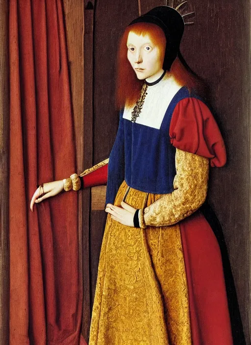 Image similar to half - length portrait of young woman in medieval dress, art by jan van eyck,