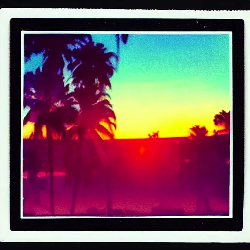 Prompt: polaroid of synthwave sunset