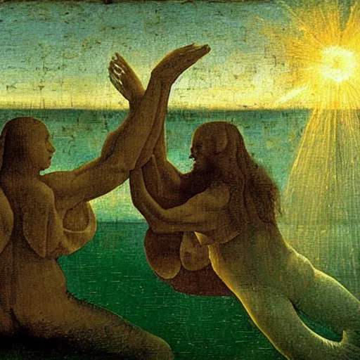 Image similar to Two mermaids fist-bumping in victory, their fistbump backlit by crepuscular rays. Google gigapixel scan of highly detailed oil painting by Hieronymus Bosch