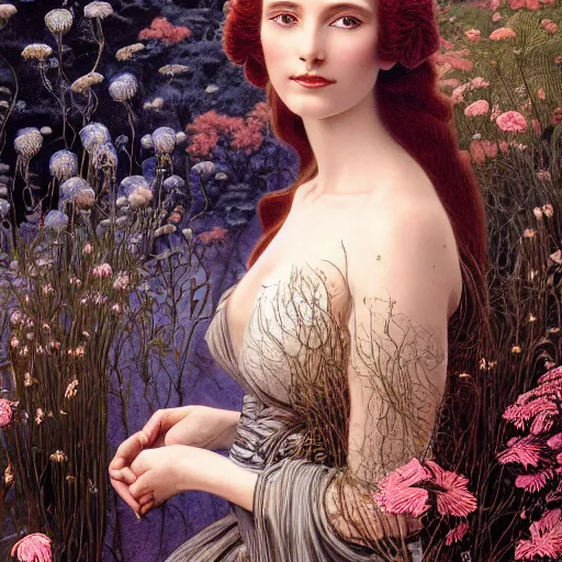 Image similar to facial portrait of a young pretty woman in flowing dress, arrogant, mysterious, long fine flowing hair, delicate, looking at camera, slightly awkward smile, realistic face, hands behind back, intricate, stylish, elegant, grimdark fantasy, flowers, extremely detailed painting by Gerald Brom and Ernst Haeckel and Greg Rutkowski