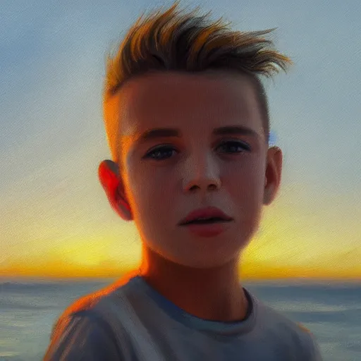 Image similar to an influencer boy portrait, sunset, ocean in distance, oil painting, pale colors, high detail, 8 k, wide angle, trending on artstation,