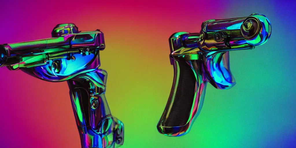 Image similar to unstable exotic matter powered sci - fi ray - gun concept, well defined mechanical features, triadic chrome shading, iridescent pastel liquid energy tank, dark background, softglow, sharp focus, full device, vintage style, charcoal and champagne