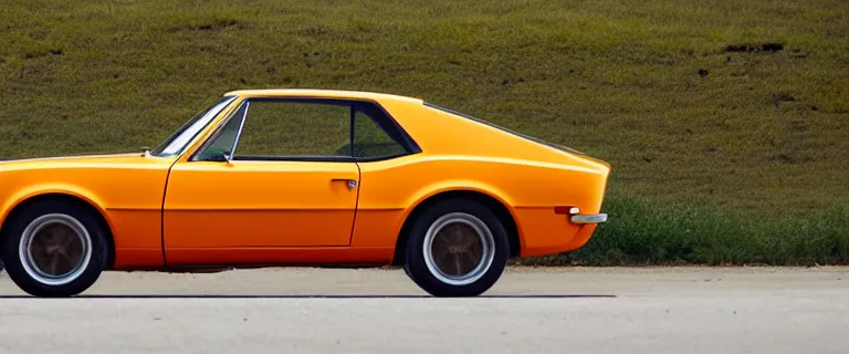 Prompt: orange - yellow audi camaro b 1 ( 1 9 6 7 ), restomod, establishing shot