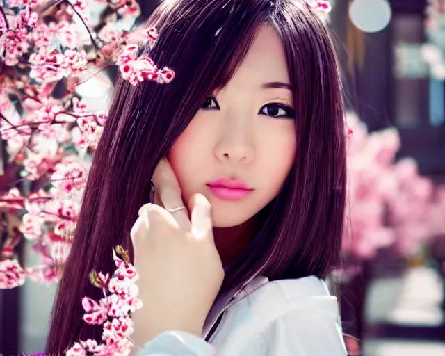 Prompt: close up portrait of an japanese gyaru with beautiful face and modern clothes, sakura blooming in the background, bokeh, depth of field, dramatic lighting, cinematic, vivid colors, matte painting, vivid color scheme, trending on pixiv