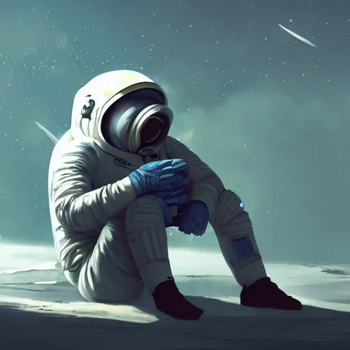 Prompt: astronaut pilot sitting cross - legged next to a crashed spaceship science fiction, concept art, scifi, sci - fi