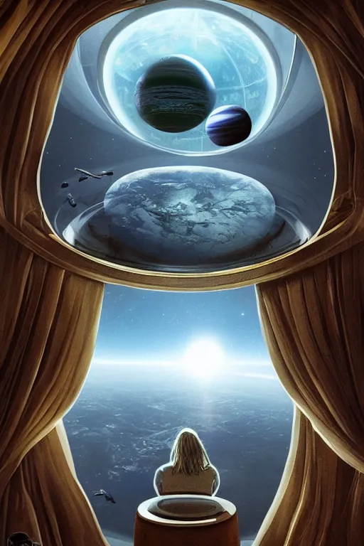 Image similar to Inside a room alien spaceship with large window that provide a scenic view of a huge planet can be seen in the background, Highly detailed labeled, poster, aesthetic, haeccety