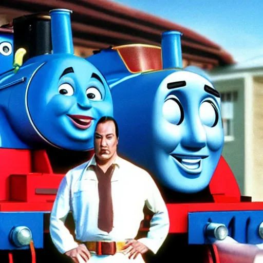 Image similar to steven seagal as thomas the tank engine