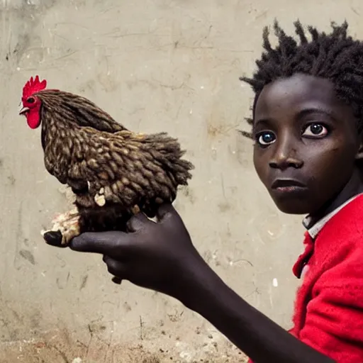 Prompt: an african boy holding a chicken from the movie tank girl, afrofuturism, by jamie hewlett and sawoozer and roger ballen,