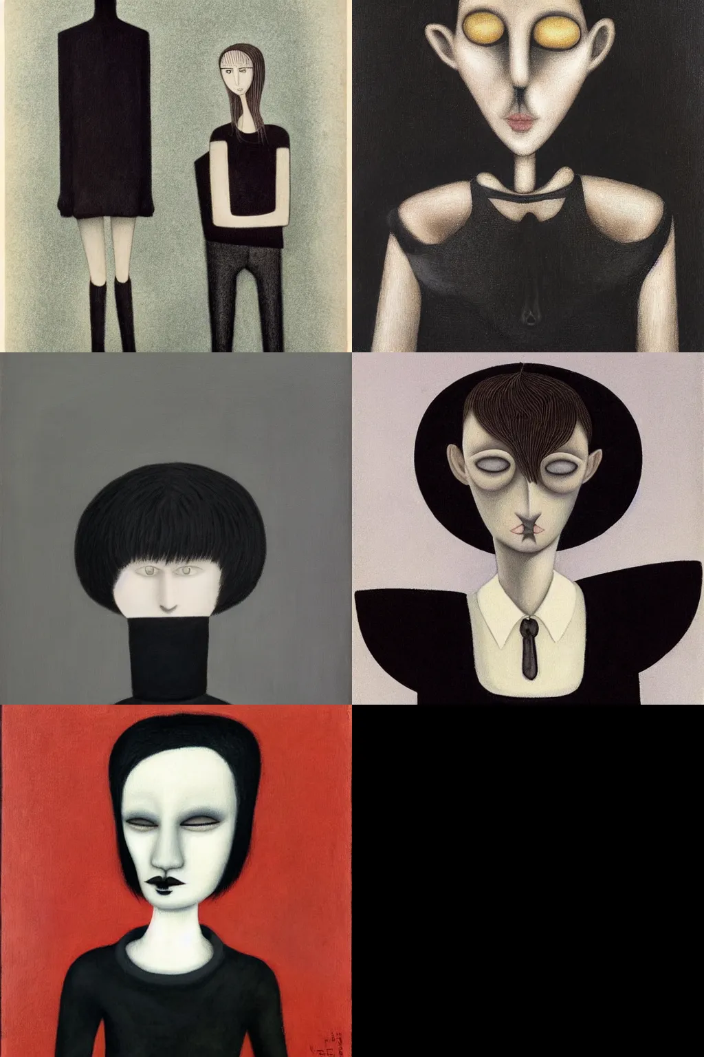 Prompt: goth by gertrude abercrombie. high - quality character portrait. short dark brown messy pixie haircut, slightly rounded face, pointed chin, large black eyes!!!, small nose, black tank top, black leather jacket, black knee - length skirt, black choker.