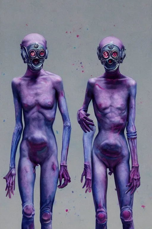 Image similar to a surreal frances bacon and james jean painting of two skinny fleshy figures, with extra limbs wearing ornate gas masks and clothed in purple and blue, walking down a city street, full view, concept art, horror art, extremely high details, hyper realistic high quality