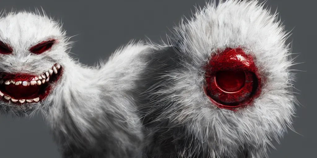 Image similar to white spider with red eyes, white background, fur, very realistic, highly detailed, hyperrealism, photo, by greg rutkowski, cinematic, dynamic lighting, octane render