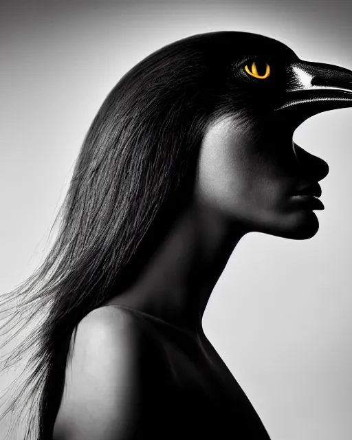 Image similar to a profile portrait, a stunning young woman - crow - cyborg, editorial photography, bw, shot on 7 0 mm, depth of field, f / 2. 8, high contrast, 1 6 k, volumetric lighting, shiny, insanely detailed and intricate, hypermaximalist, elegant, ornate, hyper realistic, super detailed