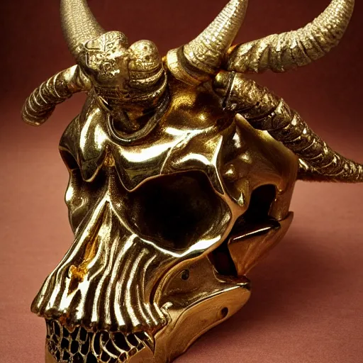 Image similar to horned bull skull : : artifact, made of gold and jewels : :