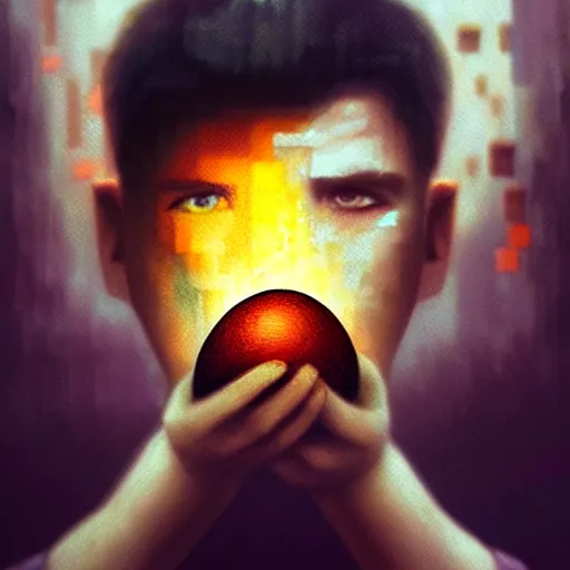 Image similar to minecraft steve holding egg, hyperrealistic portrait, bladerunner street, by karol bak and agnes cecile, fantasy art, photo realistic, dynamic lighting, artstation, poster, volumetric lighting, very detailed face, 8 k, award winning