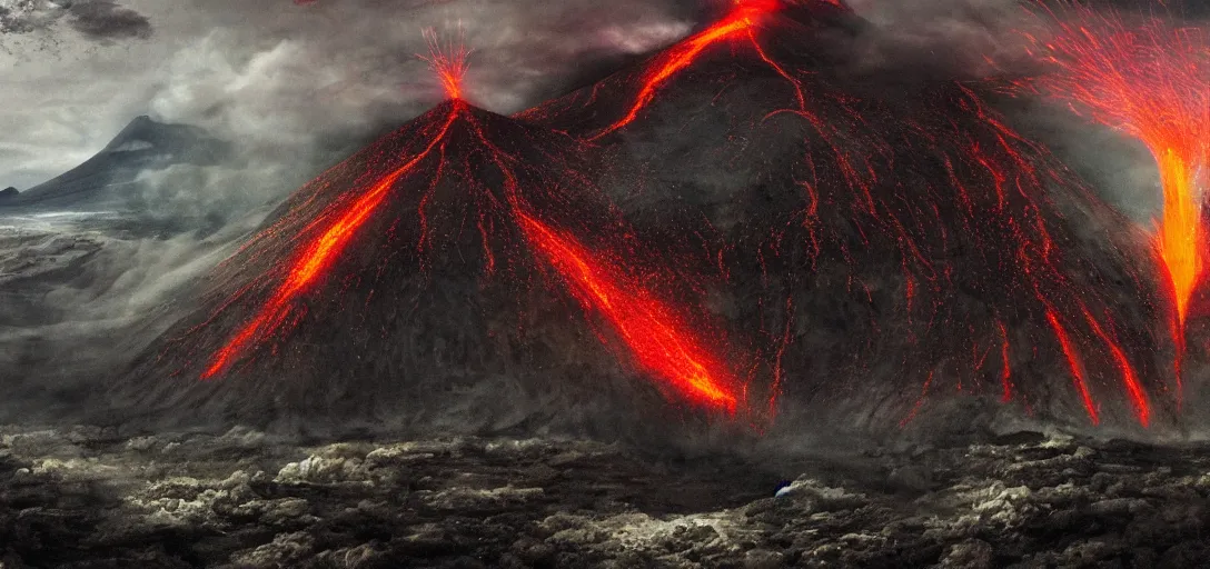 Prompt: Erupting Volcano with Monsters flying around it, gothic art, color, eerie, horror, scary, ominous, 8k, highly detailed