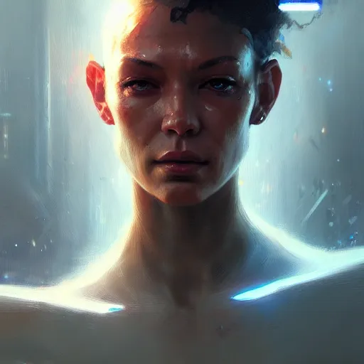 Image similar to cyborg, beautiful, concept art oil painting, portrait ethereal by jama jurabaev, greg rutkowski extremely detailed, brush hard, artstation, soft light