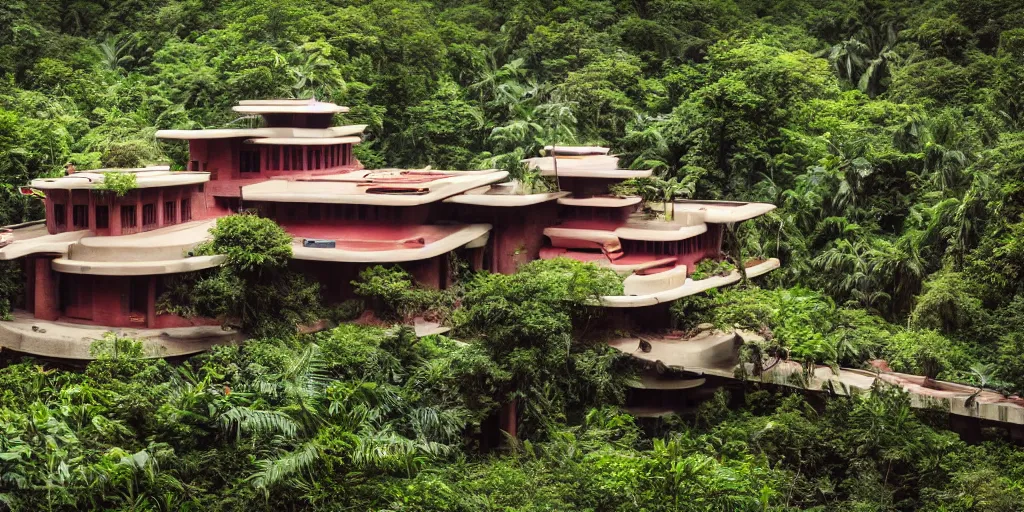 Prompt: cinematic still of hyper detailed highway realistic afro futurist house in a jungle by frank lloyd wright architect, helicopters, wide angle, insanely detailed and intricate, summer colors