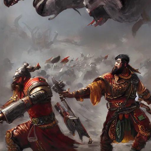 Prompt: guan yu fighting enemy soldiers, chinese military general, high detail, dramatic light, digital art, painted by seb mckinnon, painted by greg rutkowski, trending on artstation