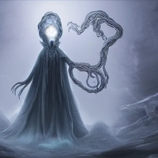 Image similar to concept designs for an ethereal ghostly wraith like figure with a squid like parasite latched onto its head and long tentacle arms that flow lazily but gracefully at its sides like a cloak while it floats around a frozen rocky tundra in the snow searching for lost souls and that hides amongst the shadows in the trees, this character has hydrokinesis and electrokinesis for the resident evil village video game franchise with inspiration from the franchise Bloodborne and the mind flayer from stranger things on netflix