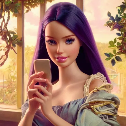 Image similar to a beautiful portrait of barbie looking at her cell phone ; ultra realistic, concept art, intricate details, stunning model, highly detailed, photorealistic, octane render, 8 k, unreal engine. art by artgerm and greg rutkowski and charlie bowater and magali villeneuve and alphonse mucha