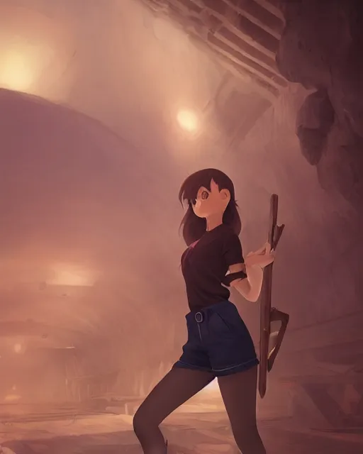 Prompt: a girl holding a pickaxe and covered in smog in a coal mine, atmospheric lighting, detailed body and face, by makoto shinkai, stanley artgerm lau, wlop, rossdraws