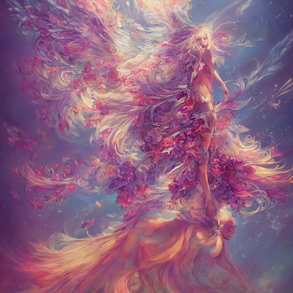 Image similar to a colorful and provenance illustrations painting of the fantasy angel flying with floral wings, highly detailed, her hair made of hair made of air wind and curling smoke and mist, the wings made of flowers, spirit fantasy concept art, art by aenami, alena, afshar, petros and leonid, trending on artstation.