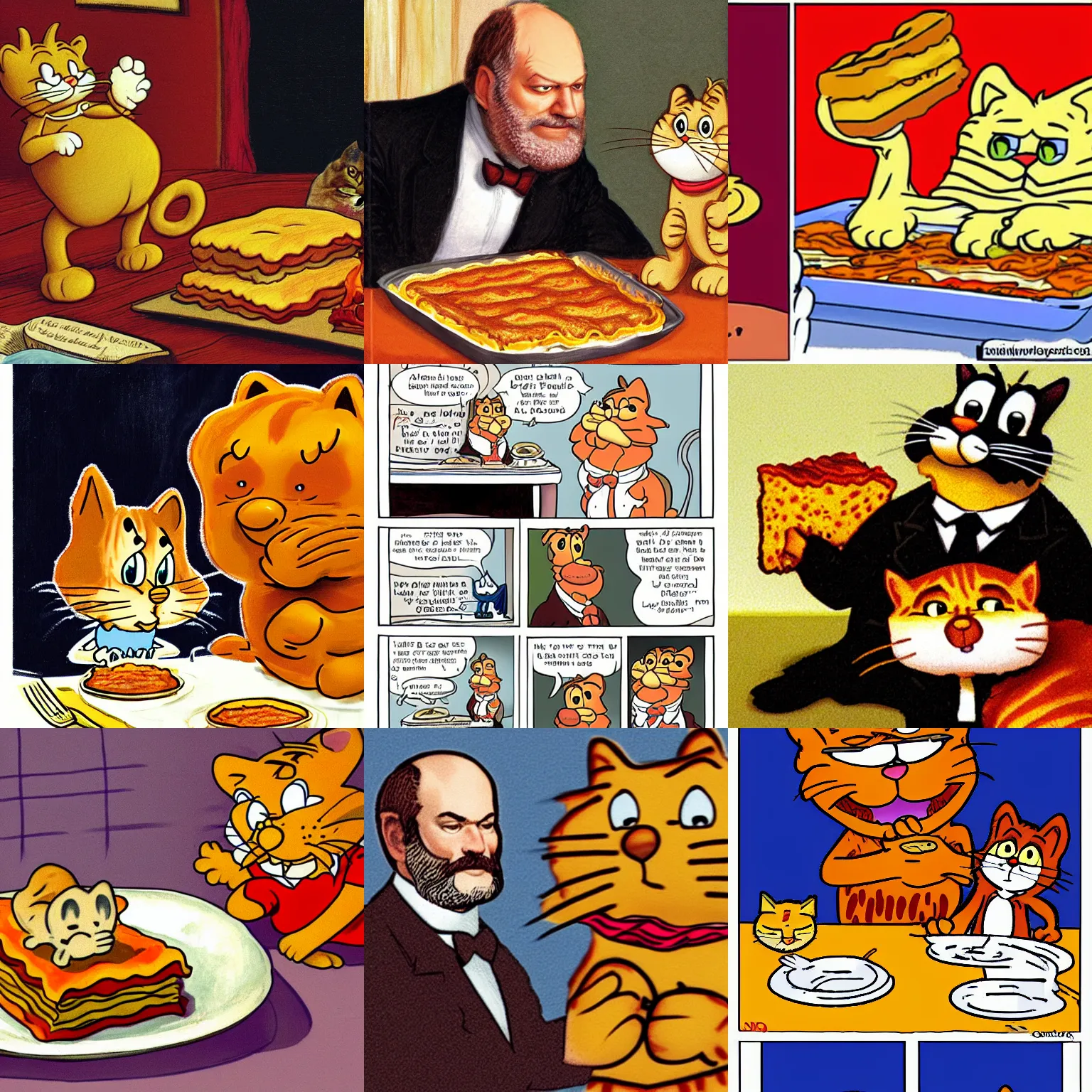 Prompt: Garfield the cat and James Garfield share a lasagna, by Jim Davis