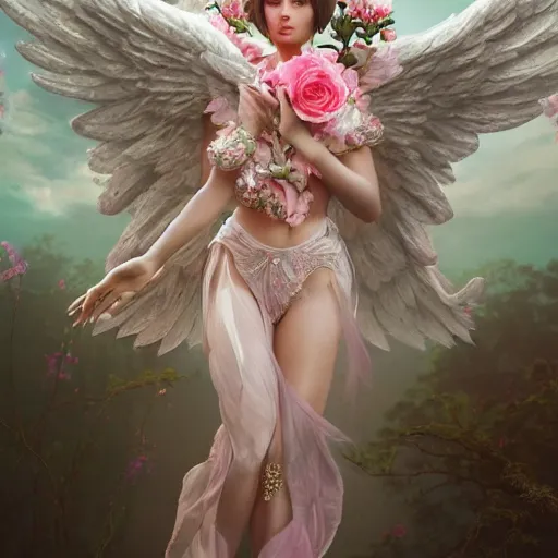 Prompt: expressive full body photo of sophia lauren as beautiful angel, smooth glowing skin, ornate headpiece made from pink flowers, glamour shot, by yoshitaka amano, by greg rutkowski, by jeremyg lipkinng, by artgerm, octane render, unreal engine, photorealistic, canon r 3, fashion photography