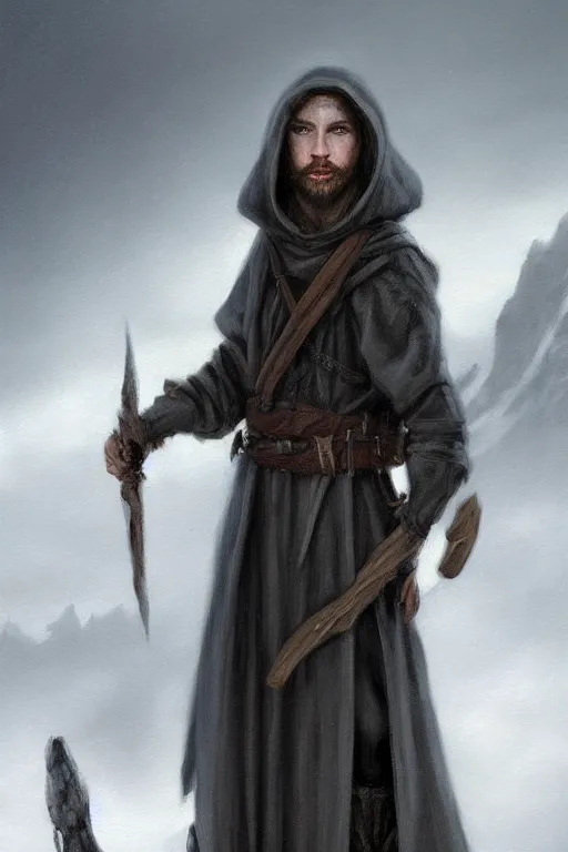 Image similar to a full body high detail fantasy portrait oil painting illustration of a small pale rogue by justin sweet with black cloak, face and body clearly visible, in a scenic background, visible pupils, realistic proportions, d & d, rpg, forgotten realms, artstation trending, high quality, sombre mood, artstation trending, muted colours, entire person visible!