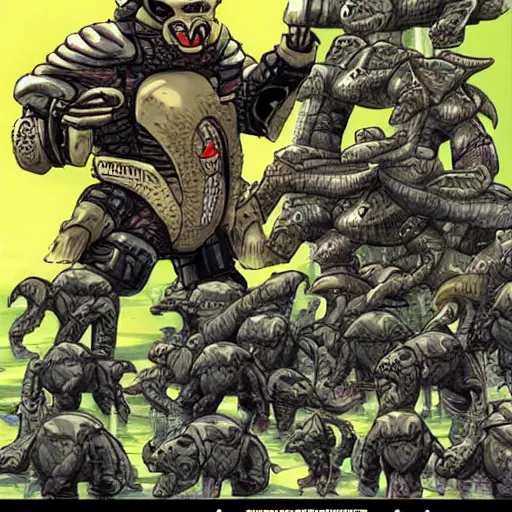 Image similar to a cyberpunk dinosaur war against an army of cyborg pandas, masamune shirow