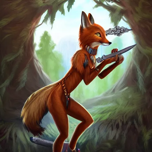 Prompt: award-winning extremely detailed FurAffinity fantasy art of a wild naturally beautiful shapely anthro female anthro warrior anthro fox with black paws and dazzling eyes and a long tail and long braided hair, wielding a dagger, 4k, realistic shading, trending on FurAffinity