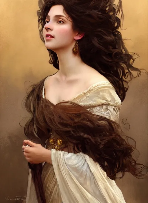 Image similar to medium-length portrait of a female princess with long curly hair and brown eyes, dark brown skin, happy expression, wears a beautiful flowing gown, medieval setting, highly detailed, digital painting, artstation, concept art, sharp focus, illustration, art by greg rutkowski and alphonse mucha