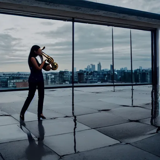 Prompt: a woman playing the saxophone on the roof of a building while it's raining, photo, golden hour