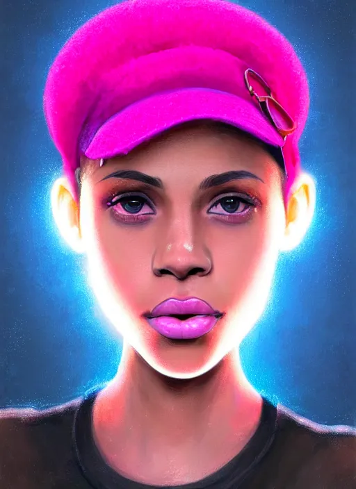 Image similar to portrait of teenage vanessa morgan with bright pink hair, black girl, curly pixie cut hair, wearing newsboy cap, pink short haircut, newsboy cap, hoop earrings, blue eyes, intricate, elegant, glowing lights, highly detailed, digital painting, artstation, concept art, smooth, sharp focus, illustration, art by wlop, mars ravelo and greg rutkowski