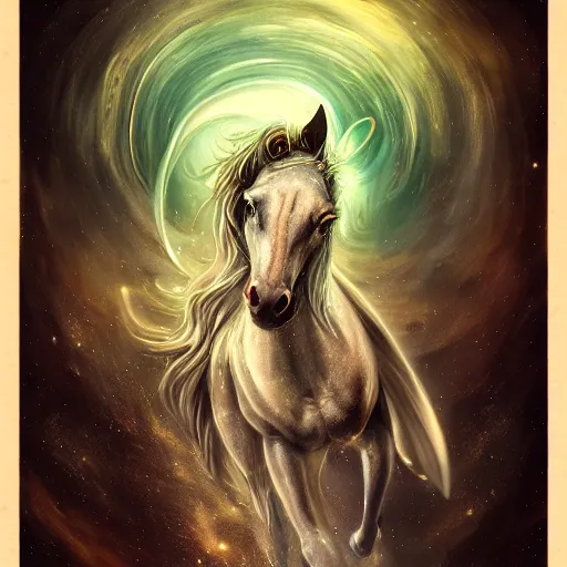 Image similar to a wlop 3 d render of very very very very highly detailed beautiful mystic portrait of a phantom undead horse with whirling galaxy around, tattoos by anton pieck, intricate, extremely detailed, digital painting, artstation, concept art, smooth, sharp focus, illustration, intimidating lighting, incredible art,