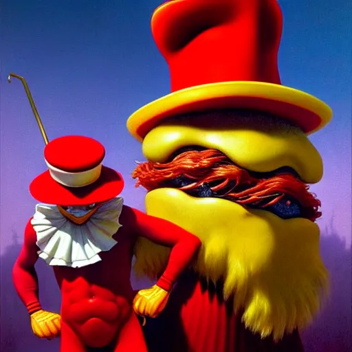 Prompt: uhd photorealistic portrait of the hamburglar fighting ronald mcdonald, by tim hildebrandt, wayne barlowe, bruce pennington, donato giancola, larry elmore, by zdzislaw beksinski, arthur rackham, dariusz zawadz masterpiece, trending on artstation, cinematic composition, dramatic pose, studio lighting, hyperdetailed