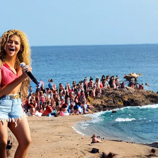 Prompt: Shakira singing for a crowd of monkeys on an island with the ocean in the background