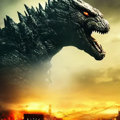 Image similar to liam neeson versus godzilla, movie poster, profile angle, high quality, realistic, head to head