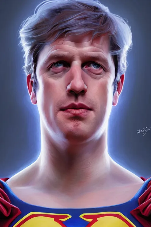 Image similar to Boris Johnson as Superman,realistic portrait, symmetrical, highly detailed, digital painting, artstation, concept art, smooth, sharp focus, illustration, cinematic lighting, art by artgerm and greg rutkowski and alphonse mucha