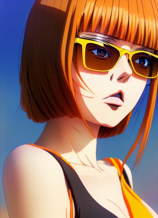 prompthunt: anime portrait of a handsome woman, brown hair, yellow - orange  eyes, wearing sunglasses and two - piece swimsuit, ilya kuvshinov, anime,  pixiv top monthly, trending on artstation, cinematic, danbooru, zerochan