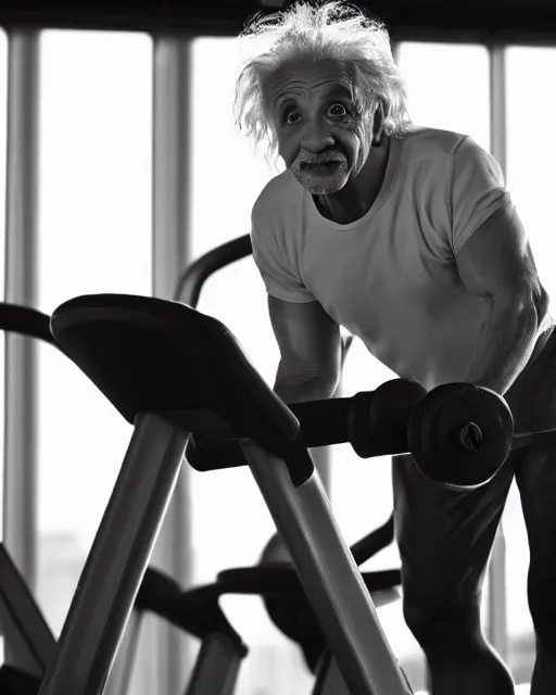 Image similar to a portrait of albert einstein working out at the gym looking buffed up, highly detailed, trending on artstation, bokeh, 9 0 mm, f / 1. 4