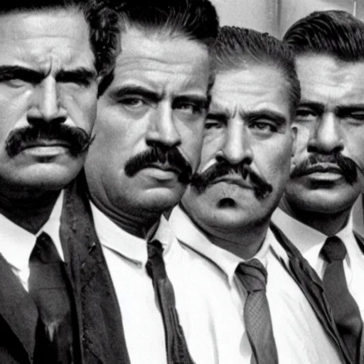 Image similar to gang of 5 men, highly detailed face, gangster style photograph