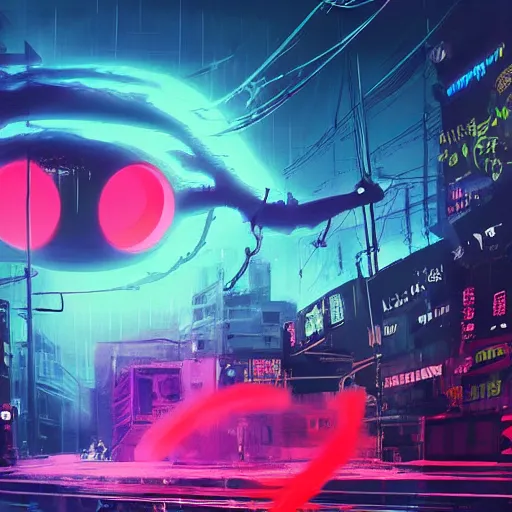 Prompt: a detailed matte painting of a neon cat under a black light with red led eyes, a beam of light shining upon the cat, levitation, the cat is in a intricately detailed neo neon cyberpunk Japanese city, the angel of death with a halo, colorful background not limited to children, by Ismail Inceoglu , concept art, featured on cgsociety