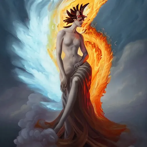 Prompt: a beautiful goddess of fire wearing a dress made of smoke stands in a vortex of flame, by Peter Mohrbacher and Brom and Jason Felix