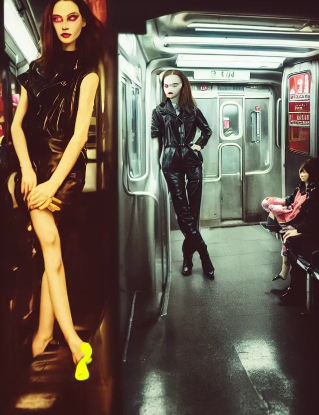 Image similar to portrait of girl with smokey eyes makeup in a subway train, dressed in leather suit, neon light, wide high angle coloured polaroid photograph with flash, kodak film, hyper real, stunning moody cinematography, with anamorphic lenses, by maripol, fallen angels by wong kar - wai, style of suspiria and neon demon and children from bahnhof zoo, detailed