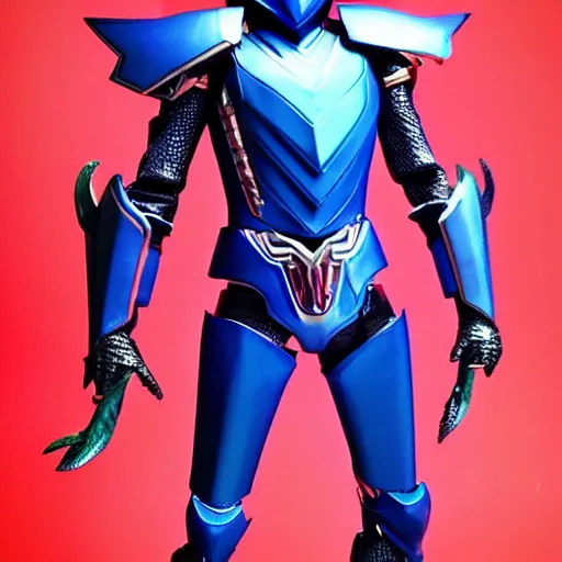 Prompt: High Fantasy Kamen Rider, blue armor with red secondary color, 4k, glowing eyes, daytime, dark grey rubber undersuit, dragon inspired armor