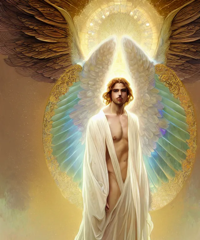 Prompt: symmetrical fullbody portrait of a beautiful young fit male angel with curly blond hairs, full dressed in long fluent clothes, majestic big dove wings, luminous halo, by greg rutkowski and alphonse mucha, gradient white to gold, in front of an iridescent background, highly detailed portrait, digital painting, artstation, concept art, smooth, sharp focus illustration